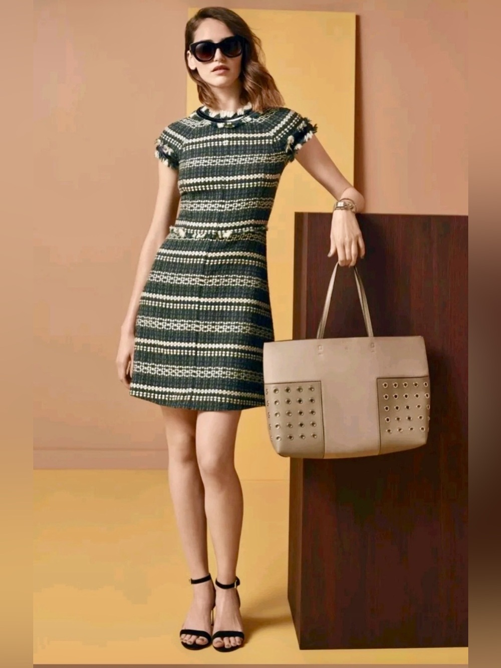 Tory Burch NORFOLK Tweed Dress Sz 12 Green/White Sequin Trim Office Work Event